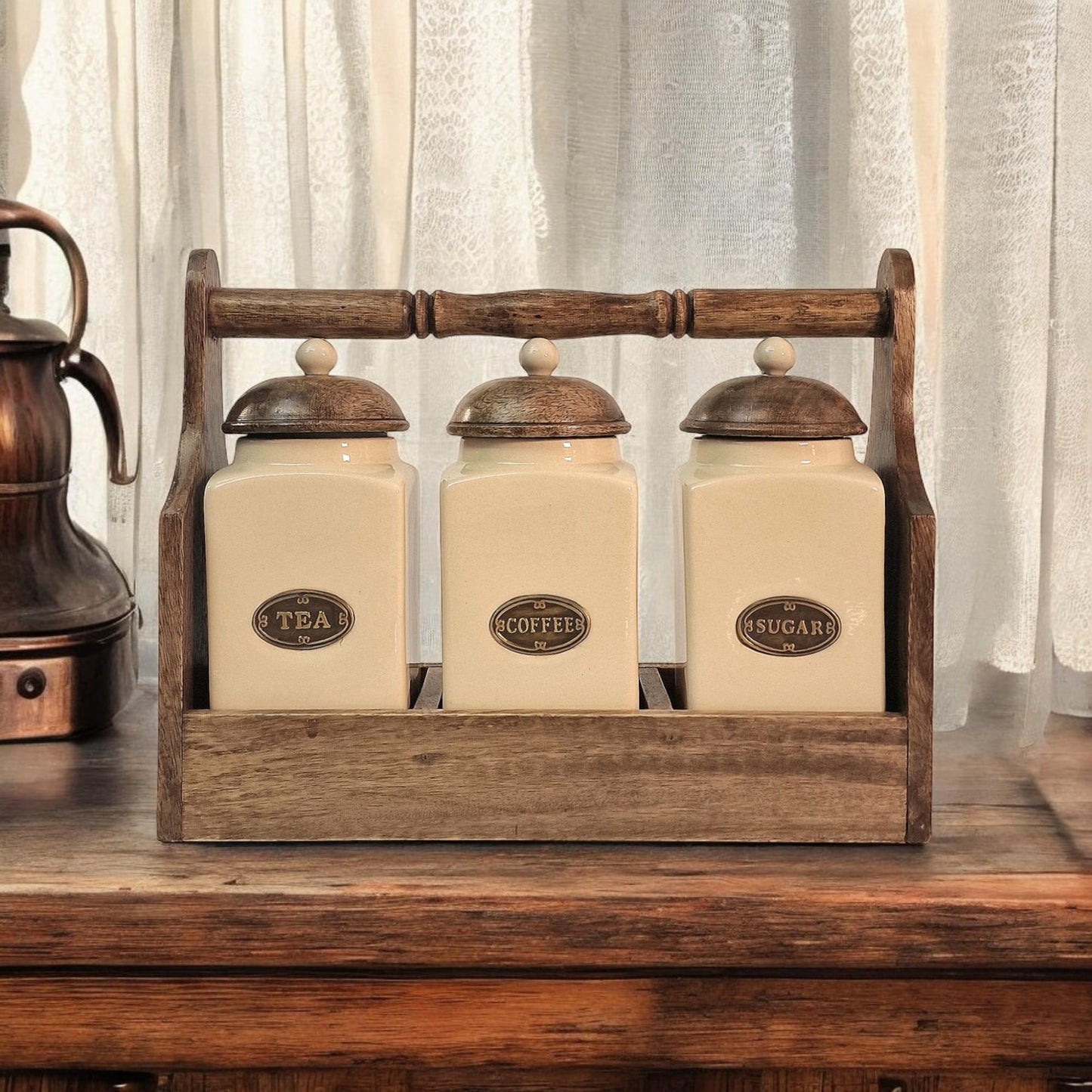 Ceramic Tea, Coffee & Sugar Jar's In Solid Mango Wood Rack-4