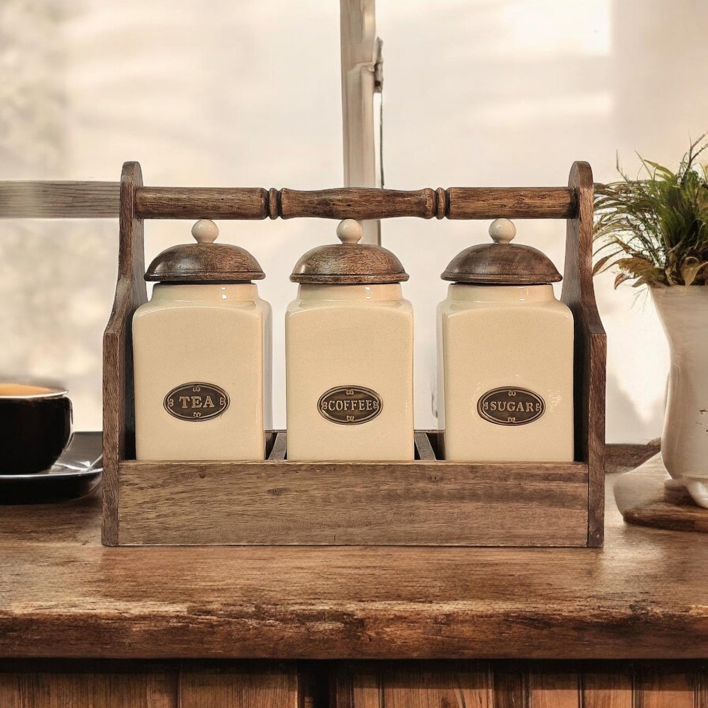 Ceramic Tea, Coffee & Sugar Jar's In Solid Mango Wood Rack-5